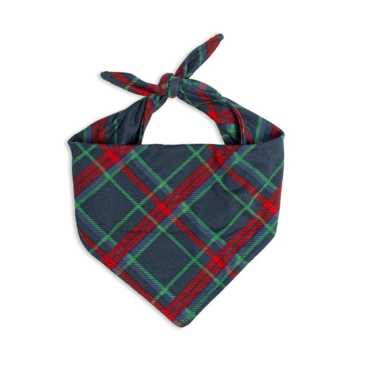 Layton Plaid Dog Bandana in navy, red, and green plaid. Available in multiple sizes.
