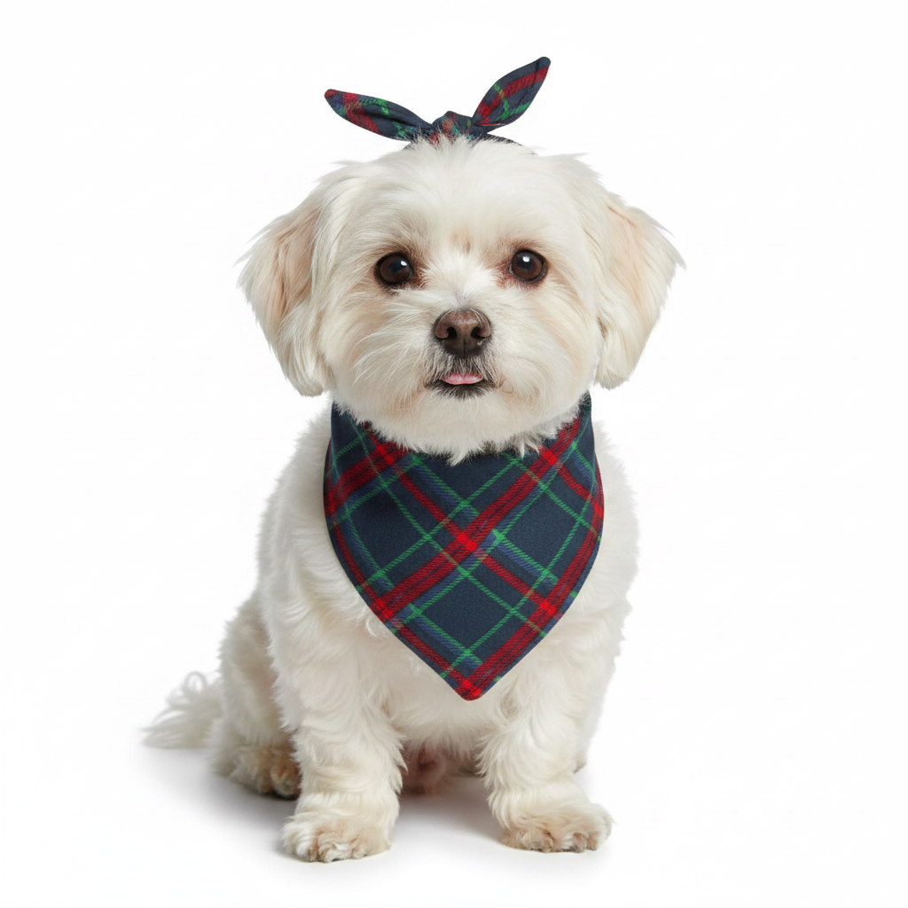 Layton Plaid Dog Bandana in dark green, red, and blue. Available in sizes small, medium, and large.