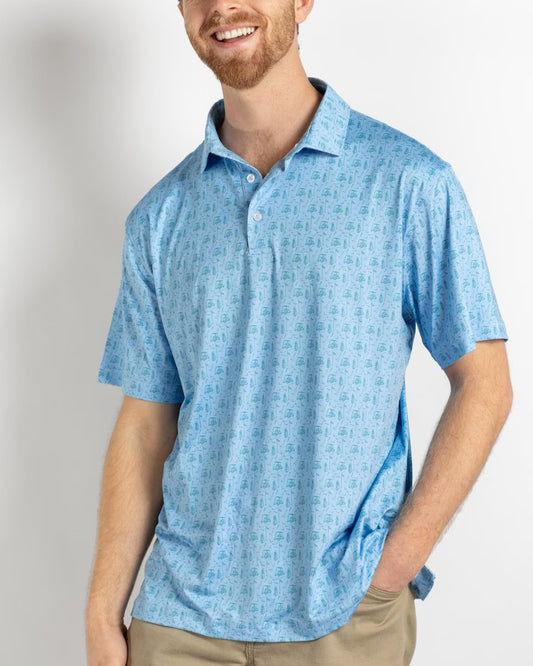 Men's Tee Off Performance Polo in light blue with subtle pattern; available in sizes S-XXL.