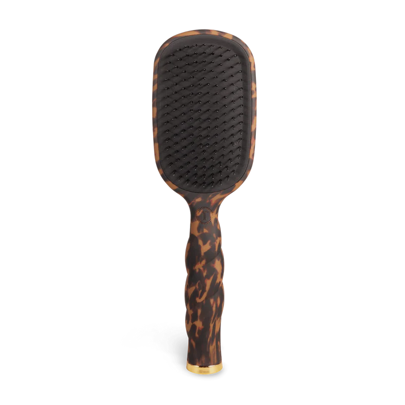 Teleties Hair Brush with anti-static bristles, black pad, tortoiseshell handle, gold tip. Available in standard and mini sizes.