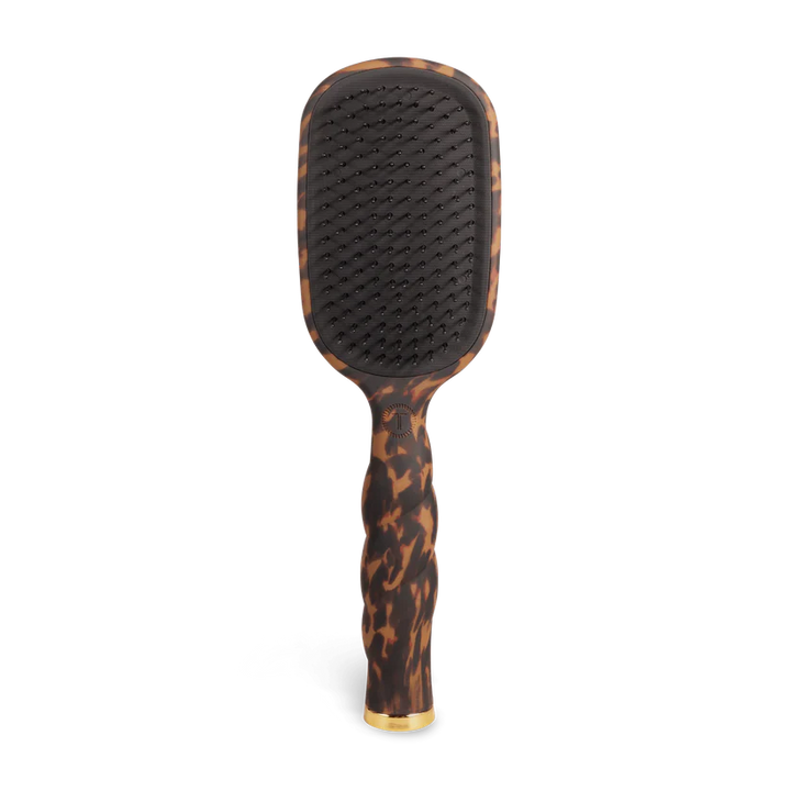 Teleties Hair Brush with anti-static bristles, black pad, tortoiseshell handle, gold tip. Available in standard and mini sizes.