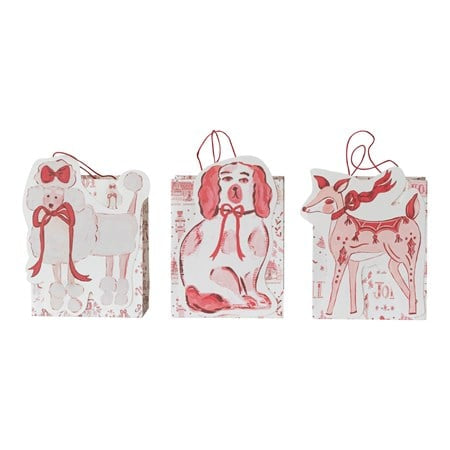 Three handmade gift bags in 3 styles, featuring festive red-and-white illustrations of a poodle, a spaniel, and a deer, with string handles.