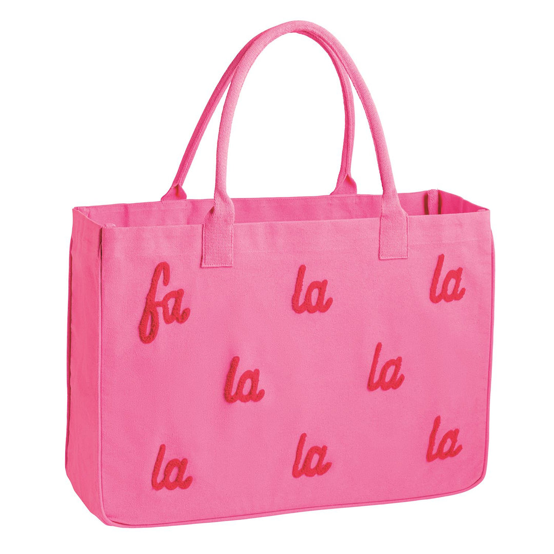 Holiday Boucle Tote, bright pink canvas with embroidered red “fa la la la la la la” script.