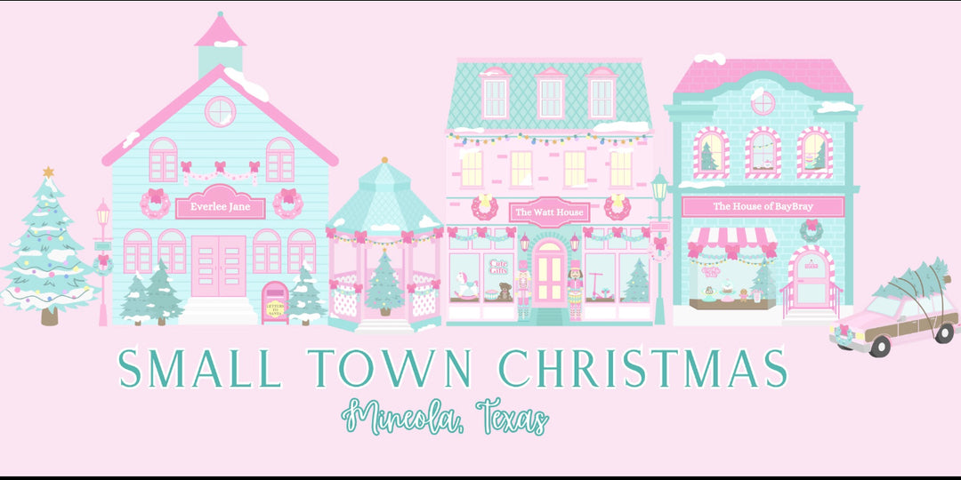Pastel Christmas tee with garlands, lights, pink car, and "Small Town Christmas SS, Mineola, Texas." Sizes S-XXL.