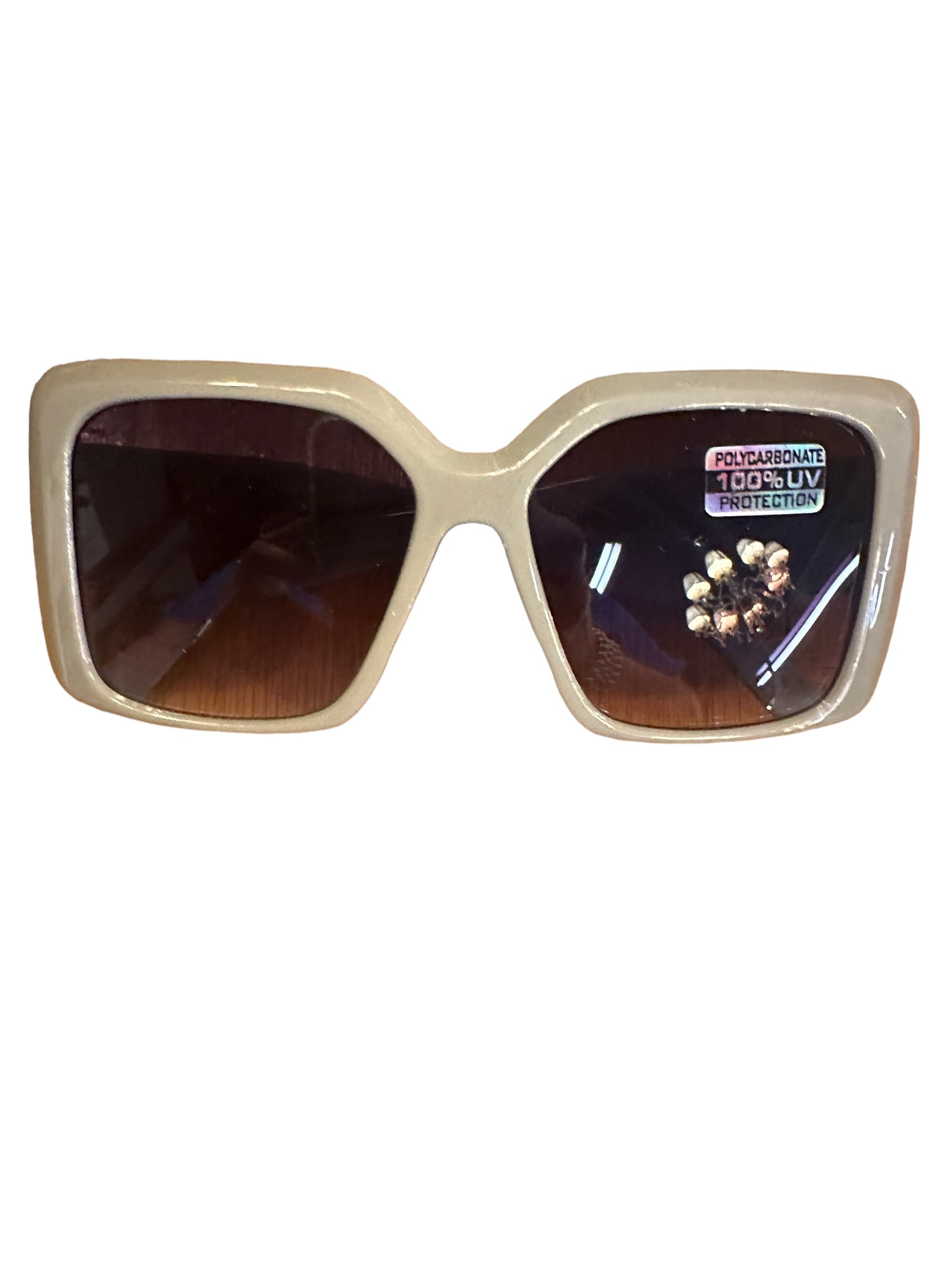 Square Frame Sunglasses with beige frames and dark lenses. Sticker indicates "POLYCARBONATE 100% UV PROTECTION." Available sizes: Small, Medium, Large.