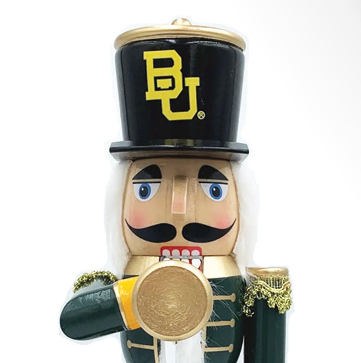 14” Baylor Bugler Nutcracker, black hat with yellow BU logo, green uniform, holding a bugle.