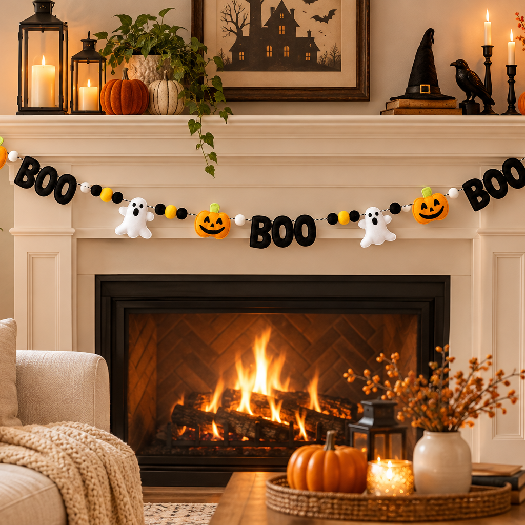 Boo Pumpkin Ghost Banner draped across the mantel; available in small, medium, and large sizes.