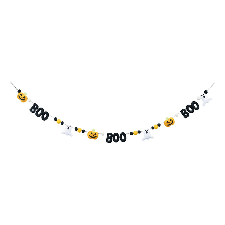 Boo Pumpkin Ghost Banner: Garland with “BOO” text, jack-o’-lanterns, white ghosts, and black, orange, and white beads on a white string. Available sizes: 4 ft and 7 ft.