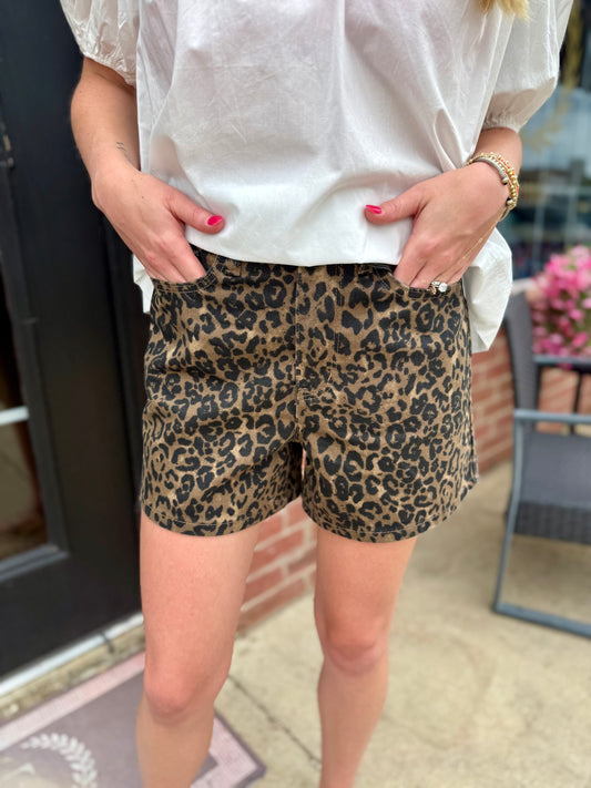 Judy Blue HW Cut Off Leopard Print Shorts; high-waisted, cut-off hem, leopard print. Available in sizes S-XL.