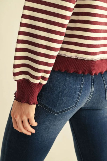 Burgundy Striped Sweatshirt with ruffled edges, available in sizes XS-XL.