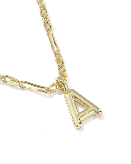 Kendra Scott Bubble Letter Necklace featuring a gold pendant with a large letter “A.” Available in multiple sizes.
