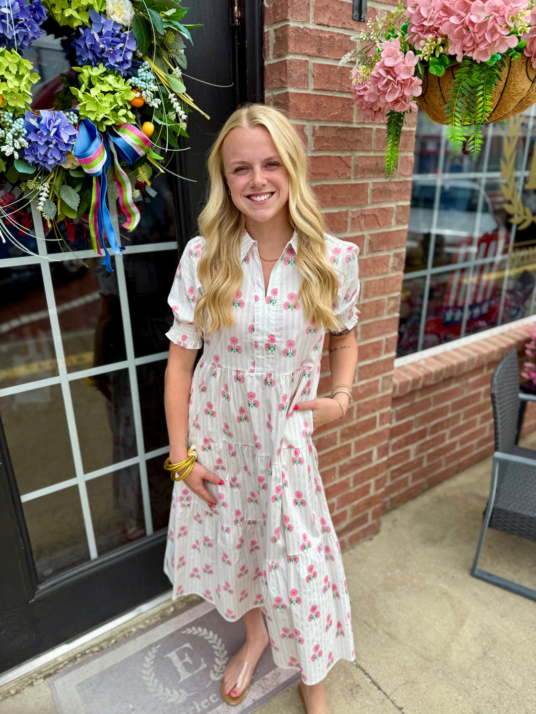 White Molly Sweetbriar Dress with pink floral pattern and smocked sleeves. Available in sizes XS-XL.