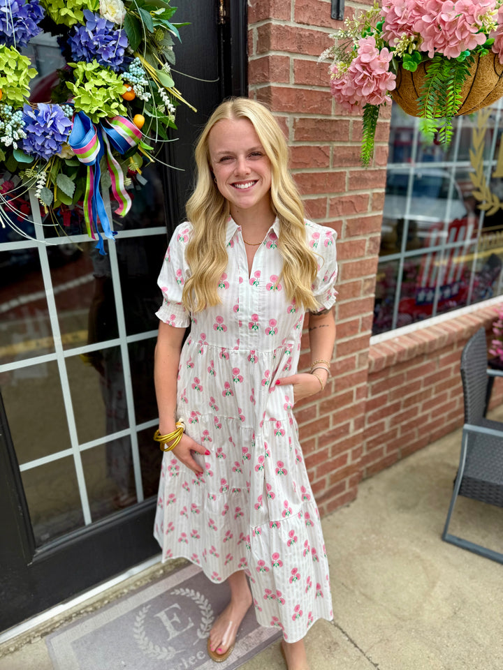 White Molly Sweetbriar Dress with pink floral pattern and smocked sleeves. Available in sizes XS-XL.