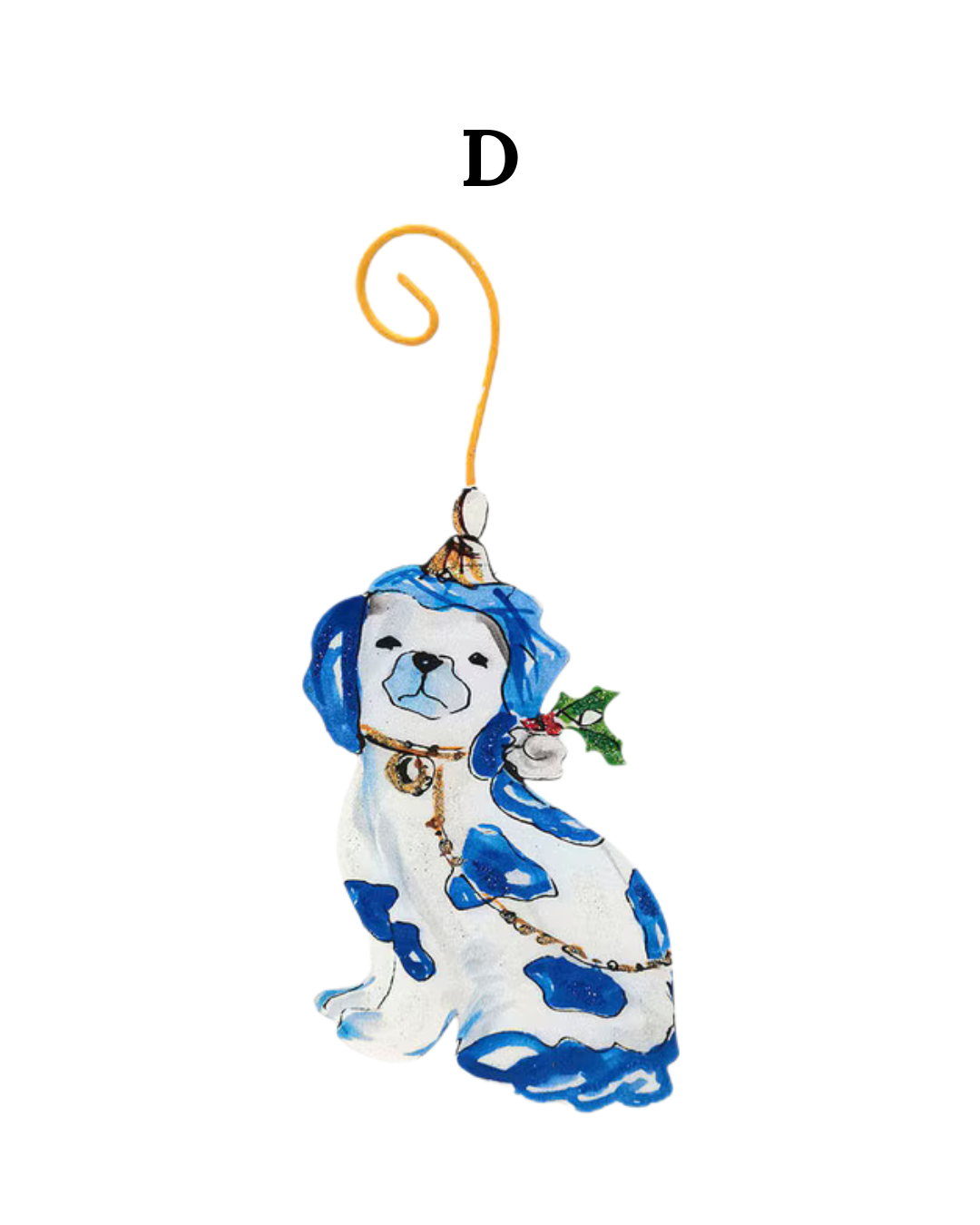 Beck’s Chinoiserie dog ornament with blue and white markings, gold charm collar, and holly sprig. Available in multiple sizes.