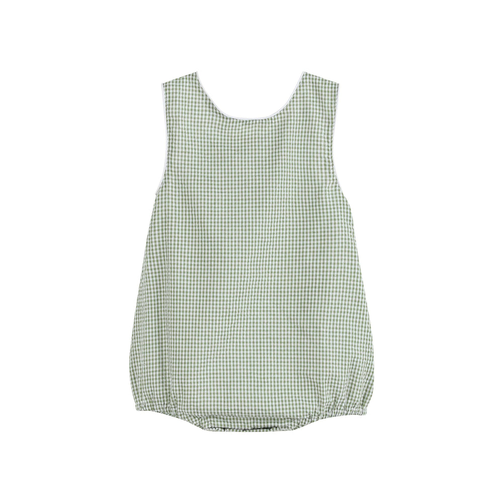 Green Gingham Alligator Bubble Romper with sleeveless design, elastic leg openings, rounded neckline. Sizes: NB-24M.