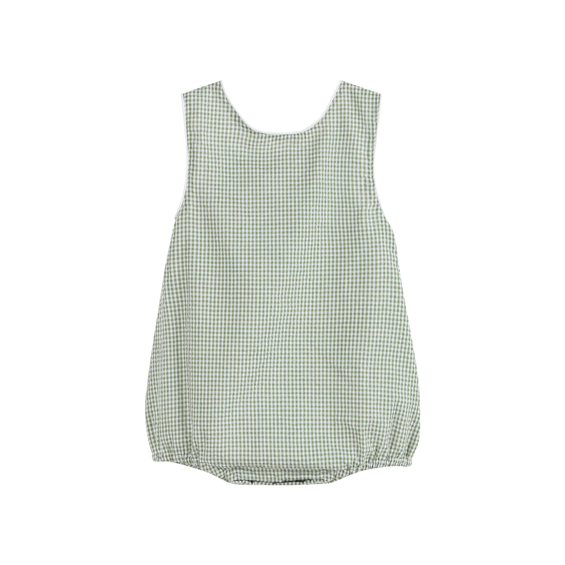 Green Gingham Alligator Bubble Romper with sleeveless design, elastic leg openings, rounded neckline. Sizes: NB-24M.