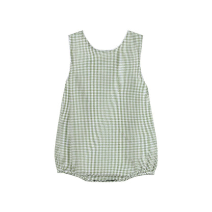 Green Gingham Alligator Bubble Romper with sleeveless design, elastic leg openings, rounded neckline. Sizes: NB-24M.