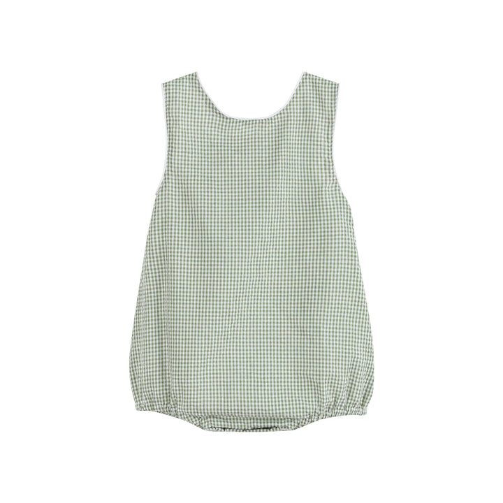 Green Gingham Alligator Bubble Romper with sleeveless design, elastic leg openings, rounded neckline. Sizes: NB-24M.