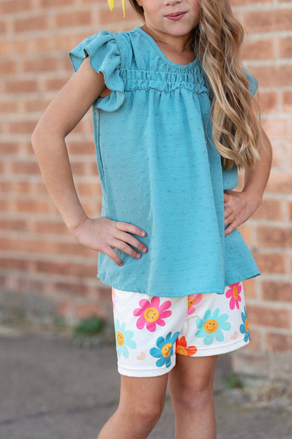 Girls Happy Flower Short Set: teal swiss dot flutter sleeve top, retro smiley daisy print shorts. Sizes: 2T-10Y.