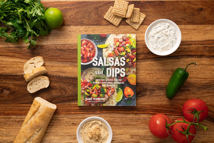 Salsas and Dips" cookbook displayed; available in standard and compact sizes.