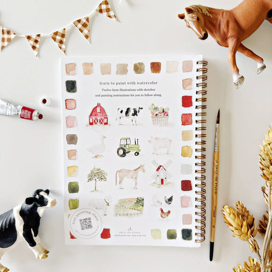 Spiral-bound Farm Watercolor Workbook coloring book with farm animal art; sizes available: standard and large.