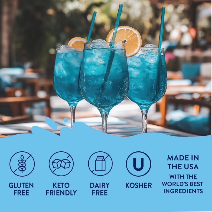 Sugar Free Sour Genie™ Syrup: blue cocktail, gluten free, keto friendly, dairy free, kosher, USA; sizes: 16oz, 32oz.