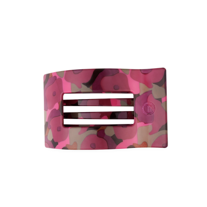 The Garden Glam Medium Flat Rectangle Hair Clip has three horizontal bars and a pink and purple floral camouflage pattern on a light background. Available in medium size.