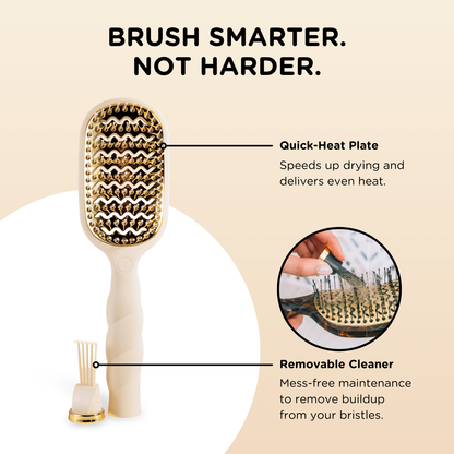 Cream-colored vented hair brush with a gold quick-heat aluminum plate and removable cleaner; available in multiple sizes.