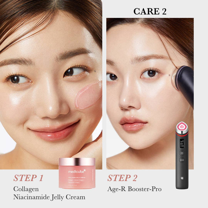 MEDICUBE Collagen Niacinamide Jelly Cream (available in 50ml, 100ml) applied to cheek, featuring anti-aging benefits.