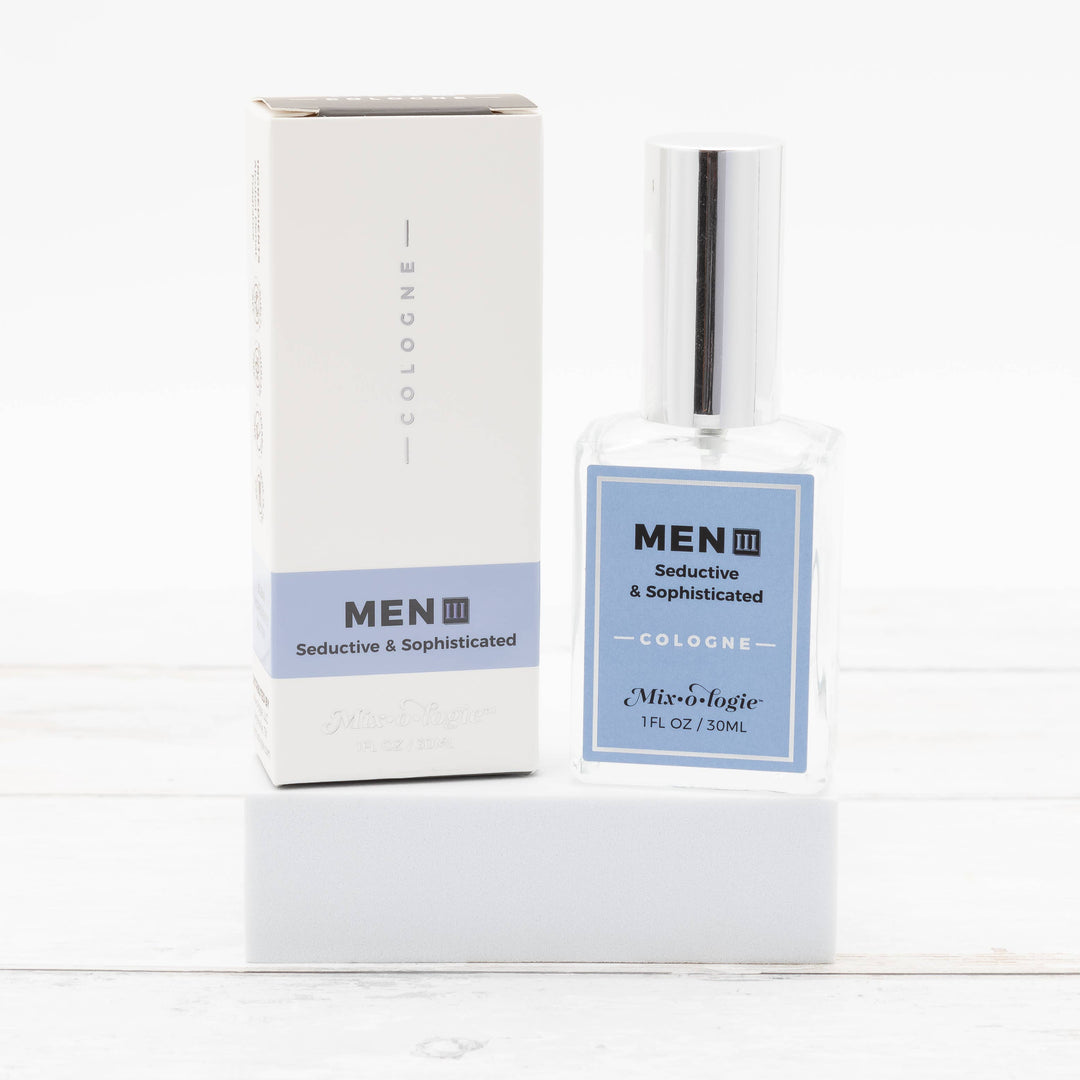 Men’s III Cologne Spray, clear glass bottle with silver cap, 30mL size. Also available in other sizes.