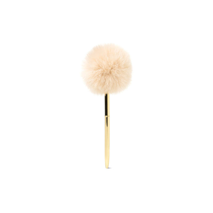 Crush Noted Pom Pen with goldtone barrel and large beige pom-pom. Available in standard size.