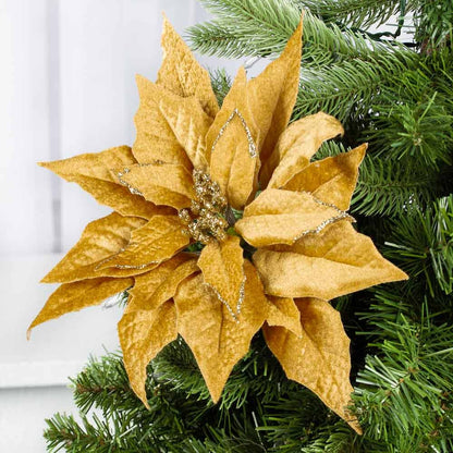 Burgundy Artificial Velveteen Poinsettia ornament; available in small, medium, and large sizes.