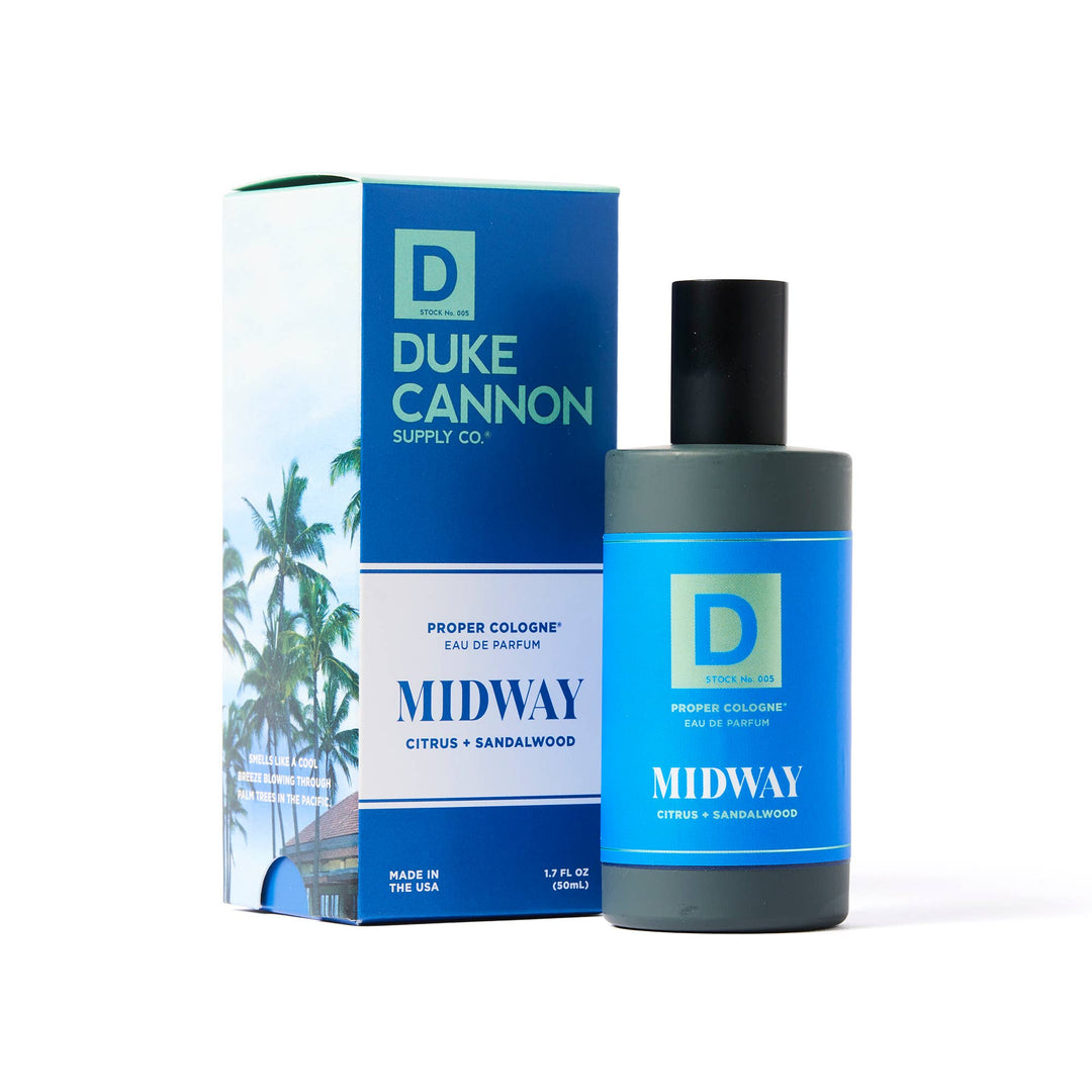 Duke Cannon Proper Cologne Midway, woodsy citrus scent for men, 1.7 fl oz bottle. Made in the USA.