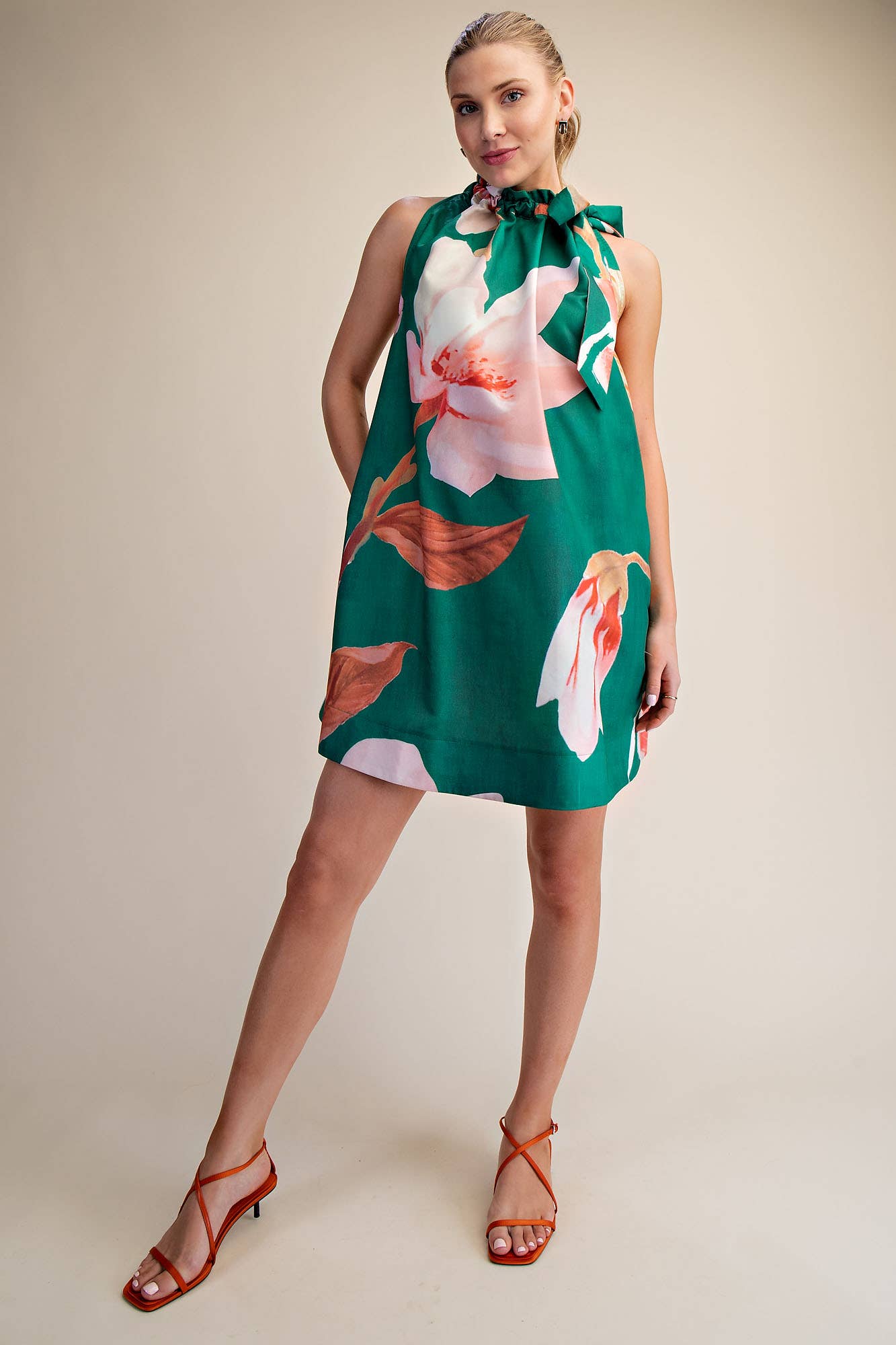 Mini Dress Ruffle Neck Tie Sleeveless Floral Print in Royal, size M. Sleeveless, floral design. Available in sizes XS-XL.