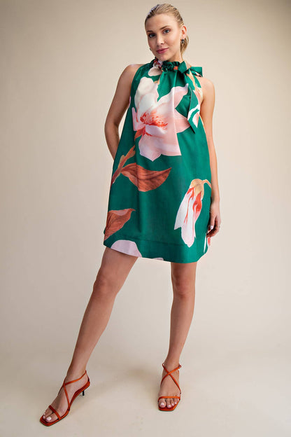 Mini Dress Ruffle Neck Tie Sleeveless Floral Print in Royal, size M. Sleeveless, floral design. Available in sizes XS-XL.