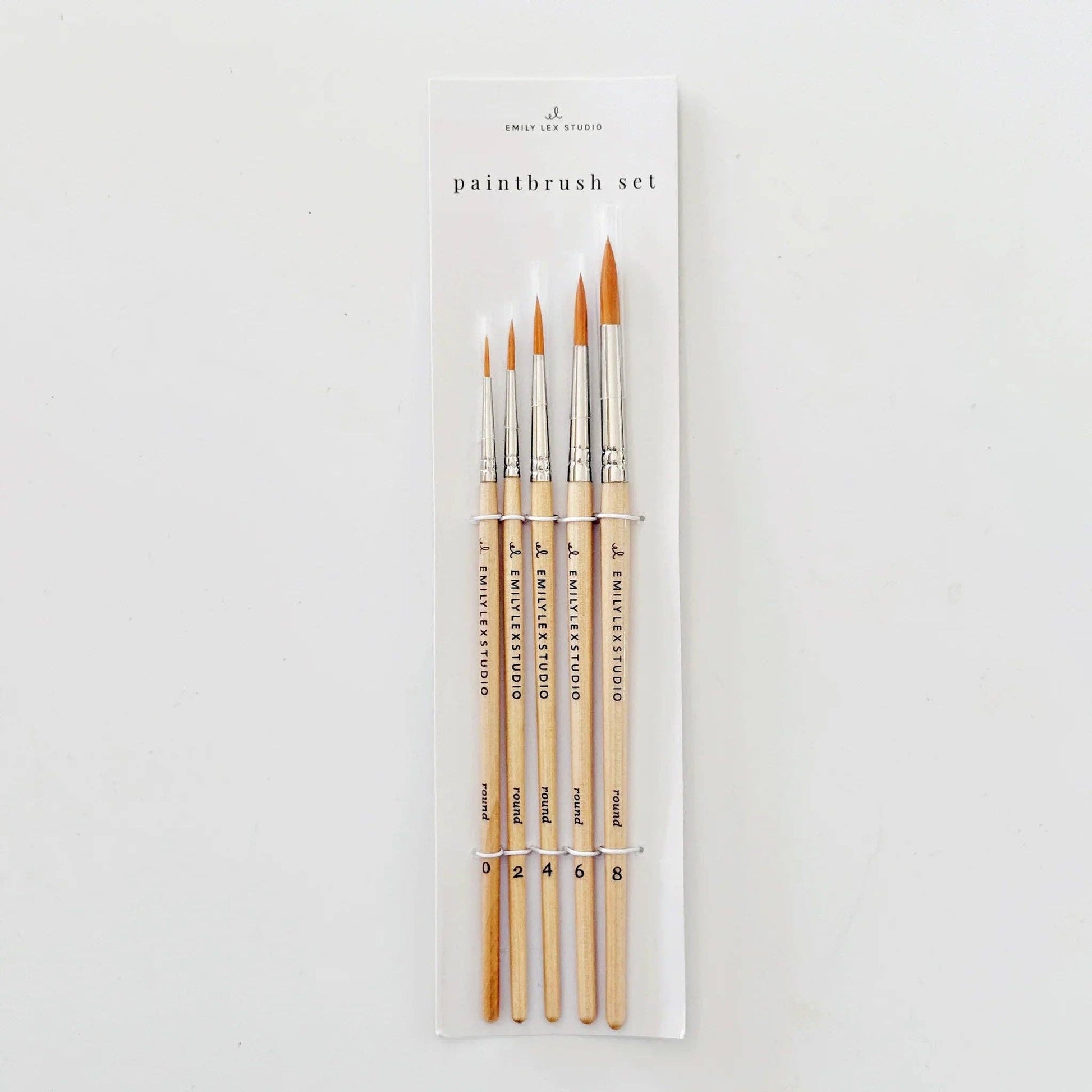 Watercolor Paintbrush Set of five wood brushes with taklon bristles in sizes 0, 2, 4, 6, and 8. In a labeled plastic bag.