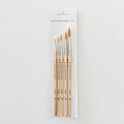 Watercolor Paintbrush Set of five wood brushes with taklon bristles in sizes 0, 2, 4, 6, and 8. In a labeled plastic bag.