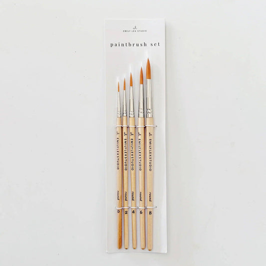 Watercolor Paintbrush Set of five wood brushes with taklon bristles in sizes 0, 2, 4, 6, and 8. In a labeled plastic bag.