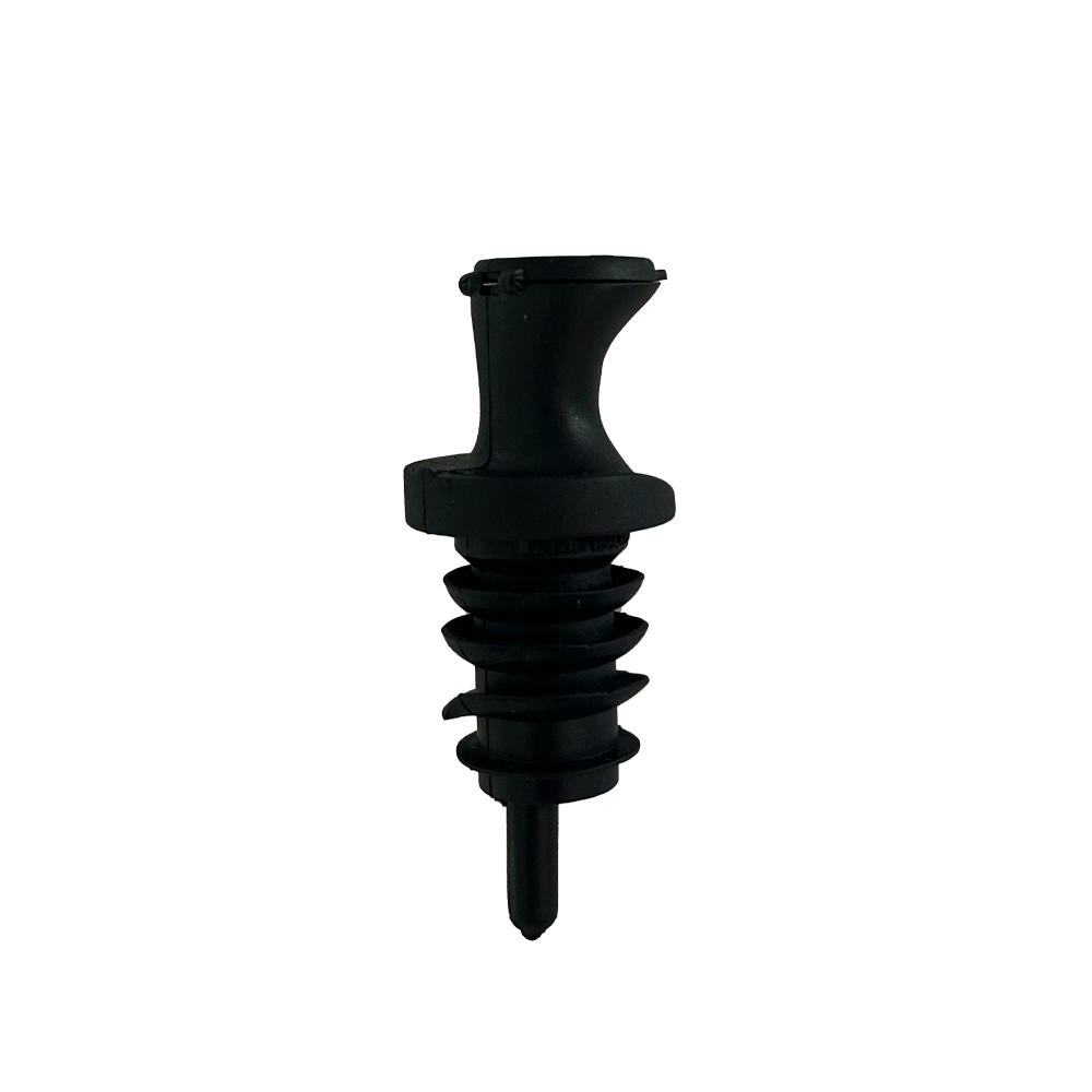 Black plastic POUR &amp; SEAL SPOUT bottle pourer with spill-proof spout and ribbed stopper, available in multiple sizes.