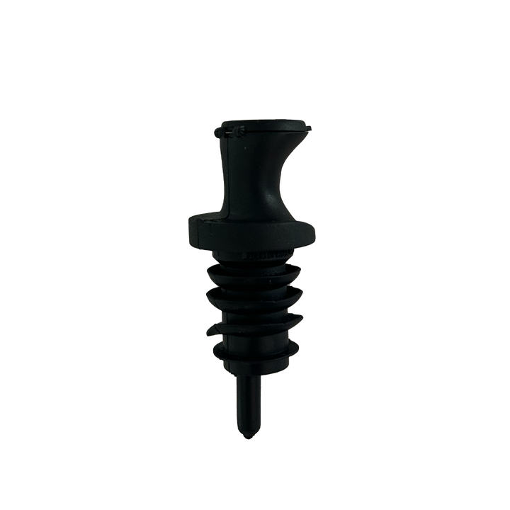 Black plastic POUR &amp; SEAL SPOUT bottle pourer with spill-proof spout and ribbed stopper, available in multiple sizes.