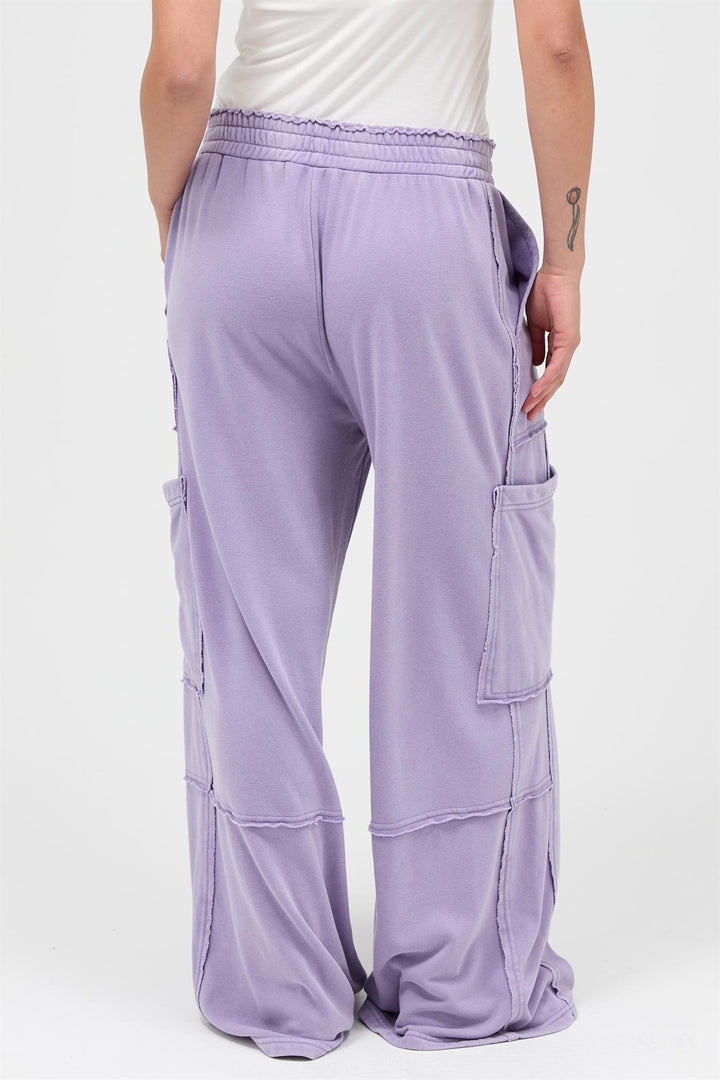 Mineral Wash Wide Leg Cargo Pants in light purple, loose fit, high-rise, available in 4 colors and multiple sizes.
