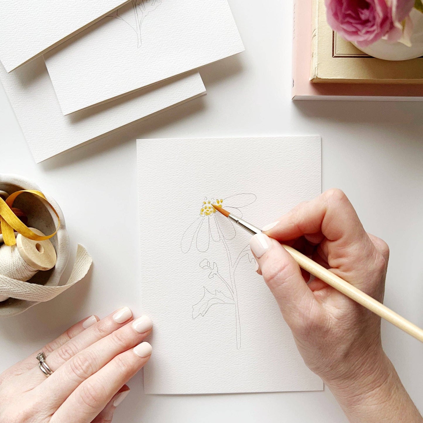 Garden Flowers Paintable Notecards, set of 8, being painted with yellow; available in standard notecard size.