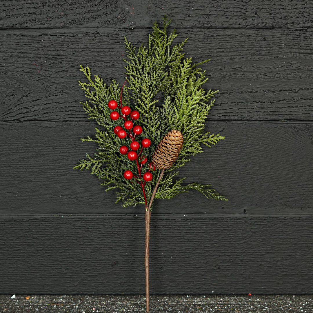Superior Real Touch Mix Cedar Red Berry features lifelike cedar, bright red berries, and a natural pine cone. Available in small and large sizes.