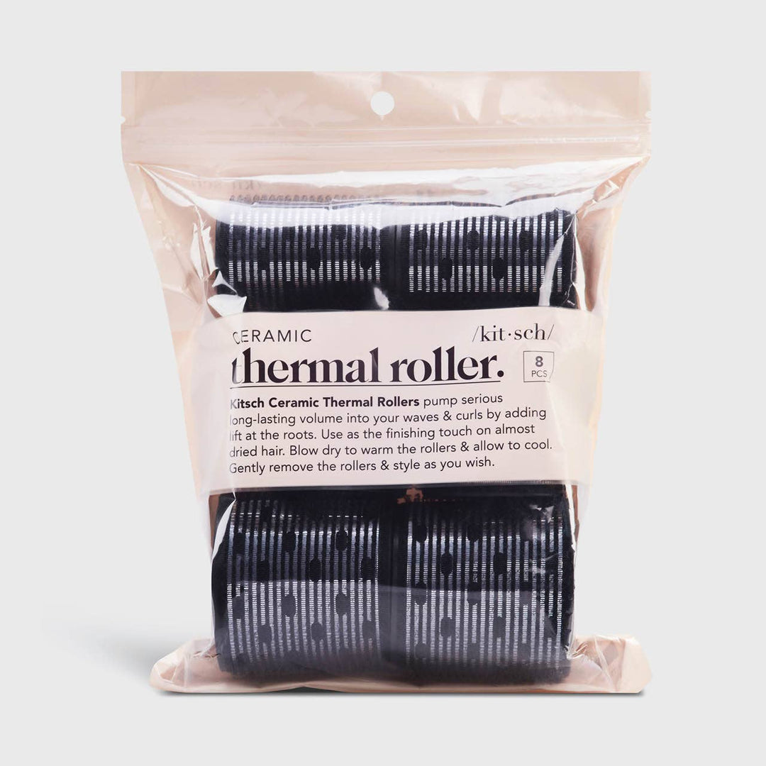 Kitsch Ceramic Hair Roller 8pc Variety Pack in clear bag; black/white stripe thermal rollers, assorted sizes, beige label front.