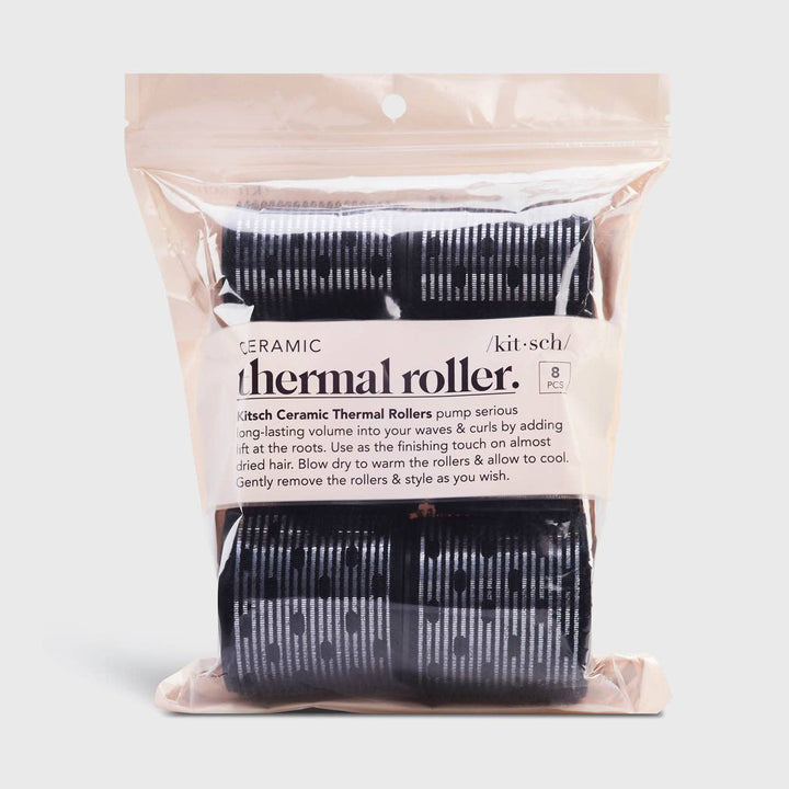 Kitsch Ceramic Hair Roller 8pc Variety Pack in clear bag; black/white stripe thermal rollers, assorted sizes, beige label front.