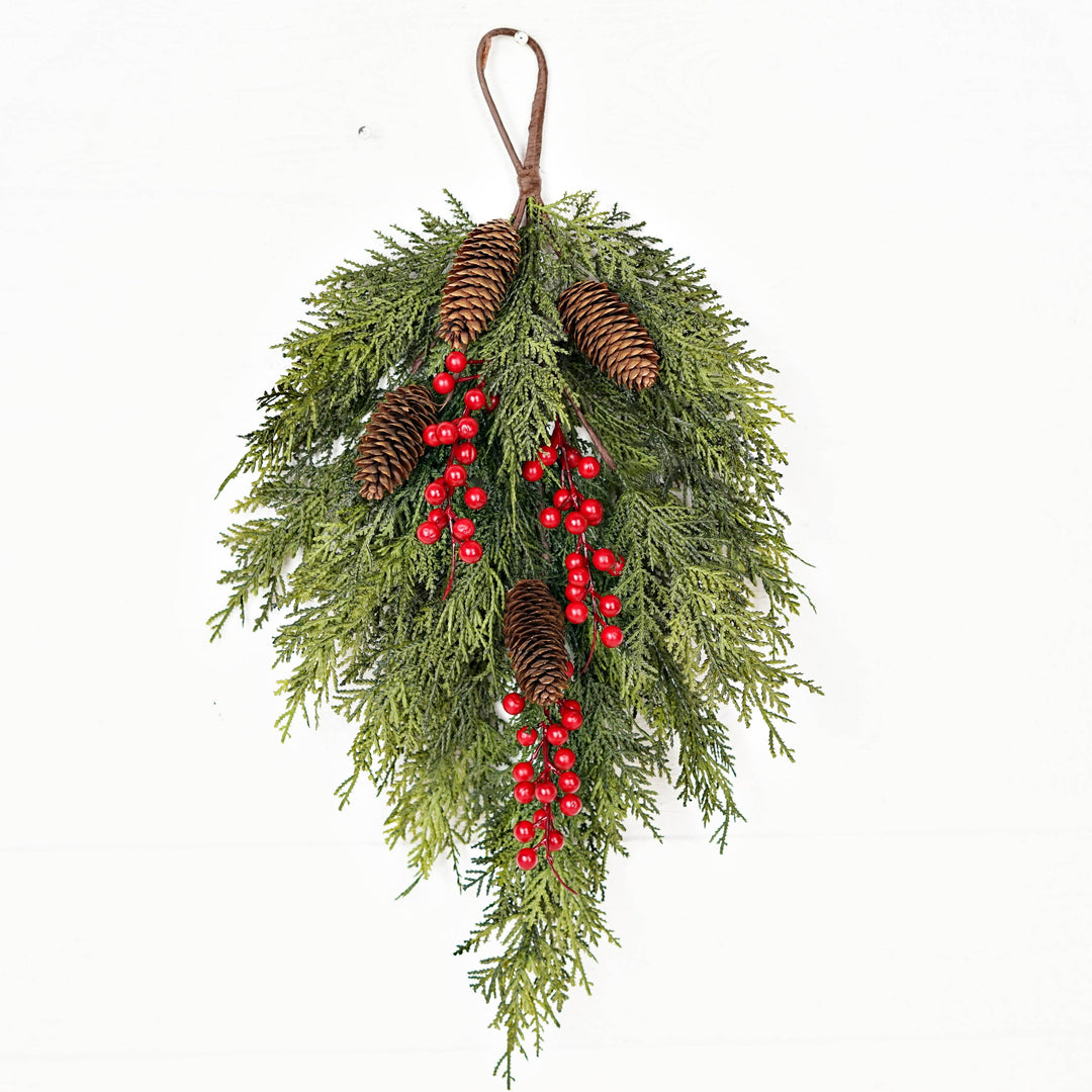 Festive 510053 teardrop hanging decoration, 26inLx16inW, with real touch cedar foliage, pinecones, red berry accents, and brown loop.