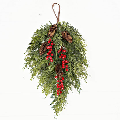 Festive 510053 teardrop hanging decoration, 26inLx16inW, with real touch cedar foliage, pinecones, red berry accents, and brown loop.