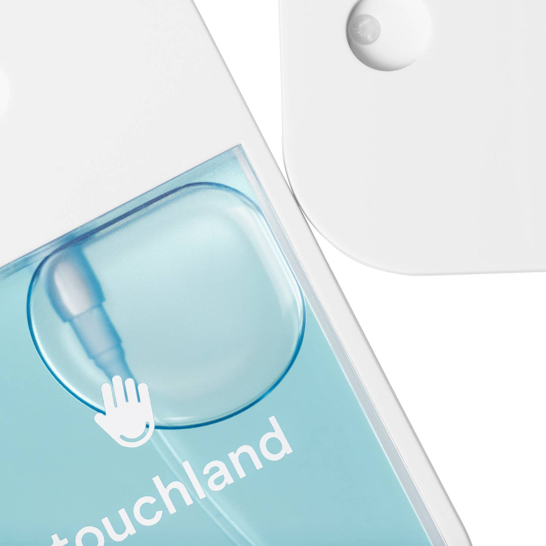 Frosted Mint Power Mist Hydrating Hand Sanitizer, flat rectangular spray bottle with blue liquid and white hand icon.