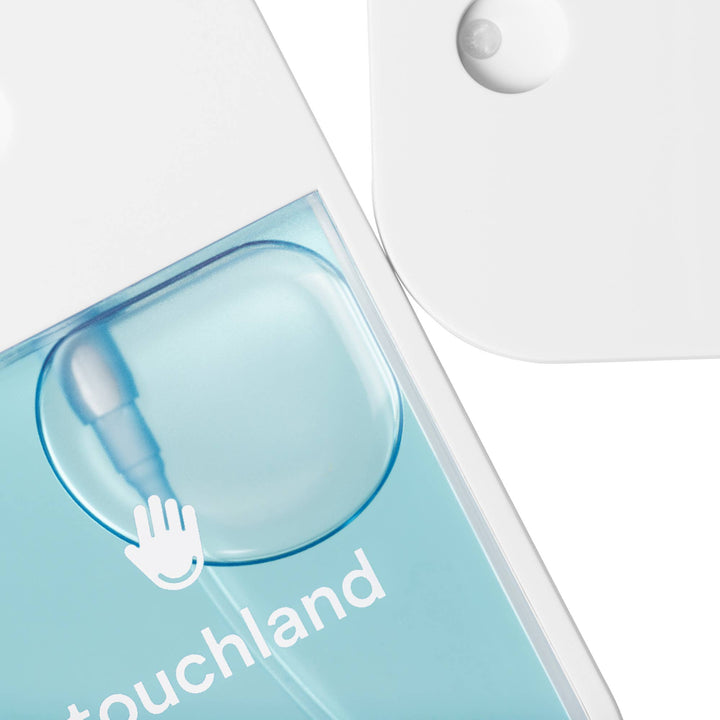 Frosted Mint Power Mist Hydrating Hand Sanitizer, flat rectangular spray bottle with blue liquid and white hand icon.