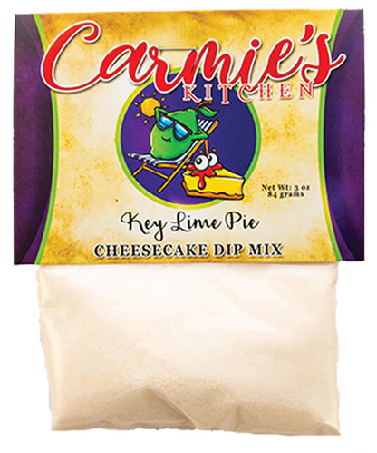 Packet of Keylime Pie Cheesecake Dip, all-natural, colorful label, clear pouch shows dip powder. Available in single-serve and 8 oz.